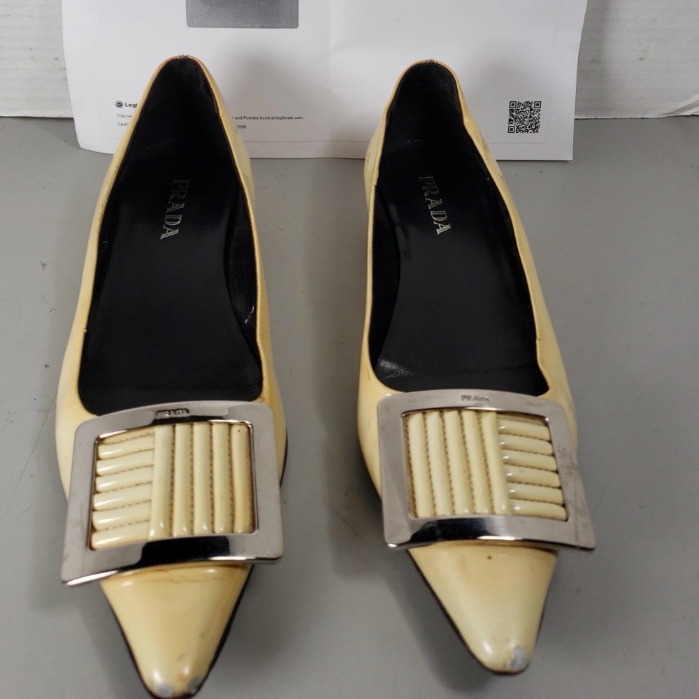 Prada Women's Cream Heels with Silver Buckle